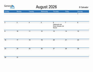 Current month calendar with El Salvador holidays for August 2026