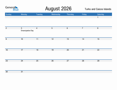 Current month calendar with Turks and Caicos Islands holidays for August 2026