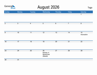 Current month calendar with Togo holidays for August 2026