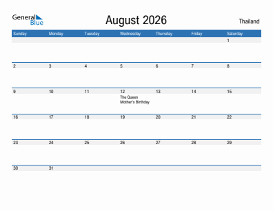 Current month calendar with Thailand holidays for August 2026
