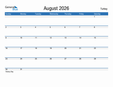 Current month calendar with Turkey holidays for August 2026