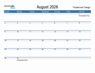Current month calendar with Trinidad and Tobago holidays for August 2026