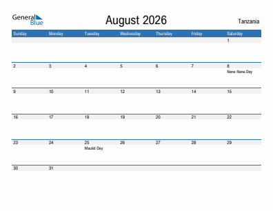 Current month calendar with Tanzania holidays for August 2026