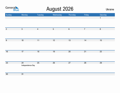 Current month calendar with Ukraine holidays for August 2026