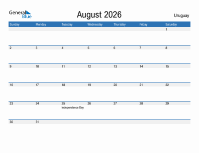 Current month calendar with Uruguay holidays for August 2026