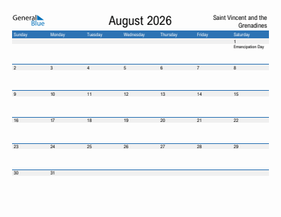 Current month calendar with Saint Vincent and the Grenadines holidays for August 2026