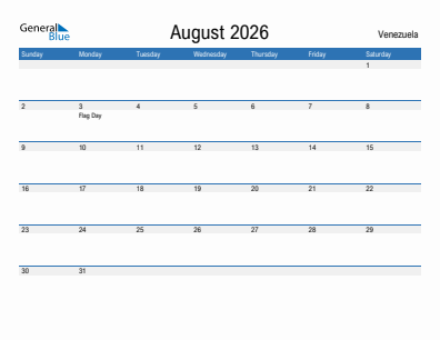 Current month calendar with Venezuela holidays for August 2026