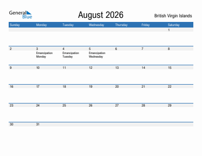 Current month calendar with British Virgin Islands holidays for August 2026