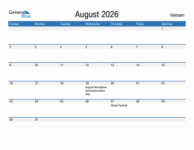 Current month calendar with Vietnam holidays for August 2026