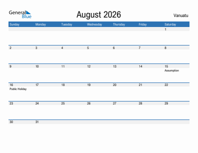 Current month calendar with Vanuatu holidays for August 2026