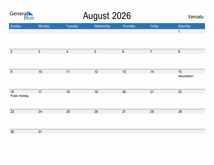 Fillable August 2026 Calendar