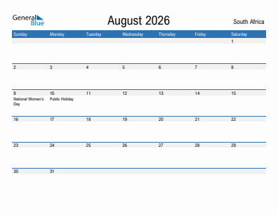 Current month calendar with South Africa holidays for August 2026