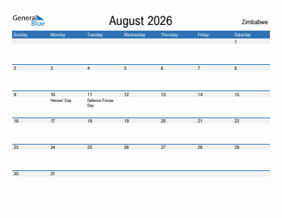 Current month calendar with Zimbabwe holidays for August 2026