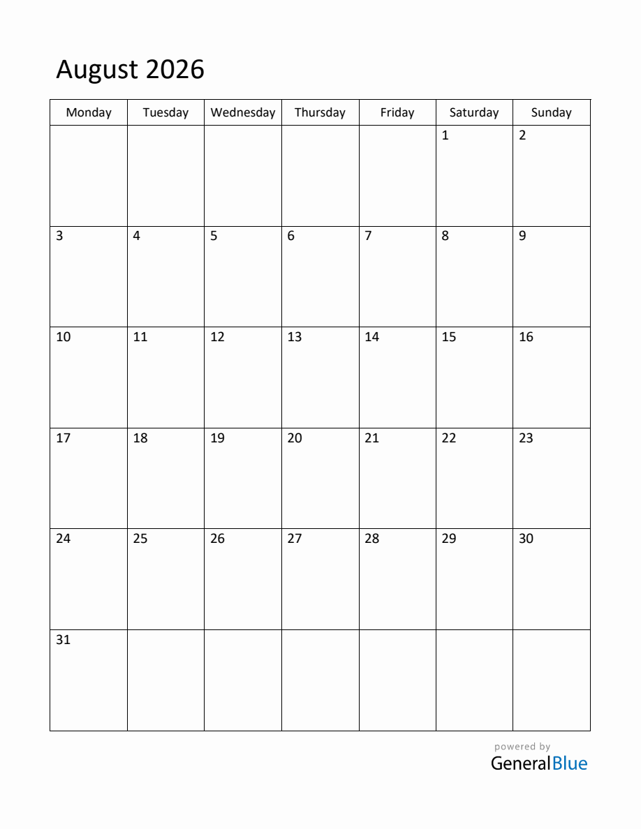 Editable August 2026 Monthly Calendar