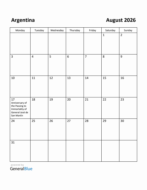 August 2026 Calendar with Argentina Holidays