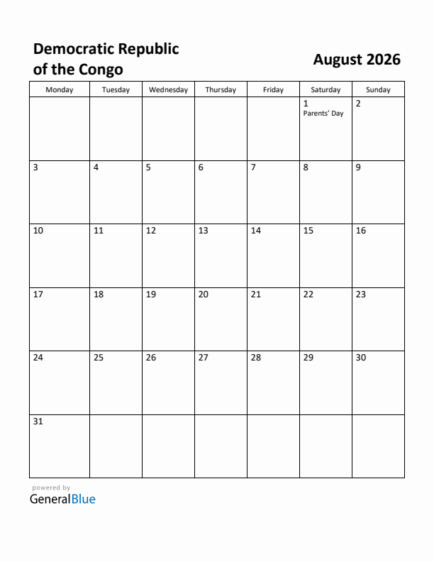 August 2026 Calendar with Democratic Republic of the Congo Holidays
