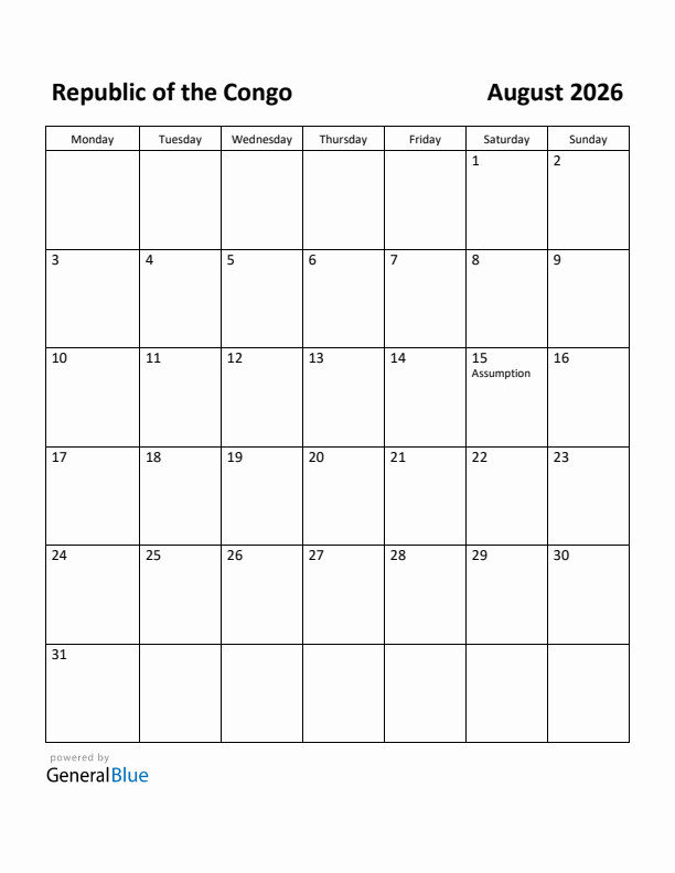 August 2026 Calendar with Republic of the Congo Holidays
