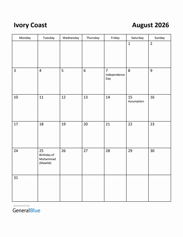 August 2026 Calendar with Ivory Coast Holidays
