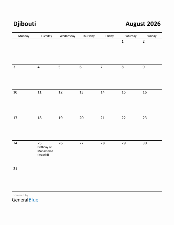 August 2026 Calendar with Djibouti Holidays