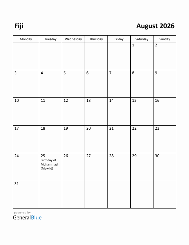 August 2026 Calendar with Fiji Holidays