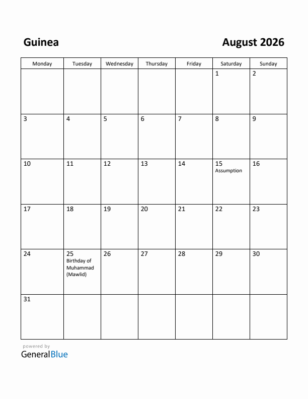 August 2026 Calendar with Guinea Holidays