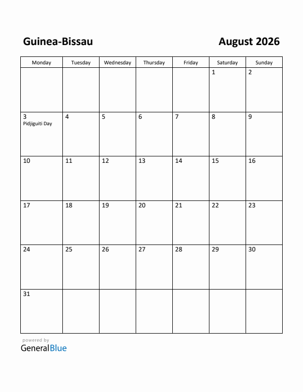 August 2026 Calendar with Guinea-Bissau Holidays