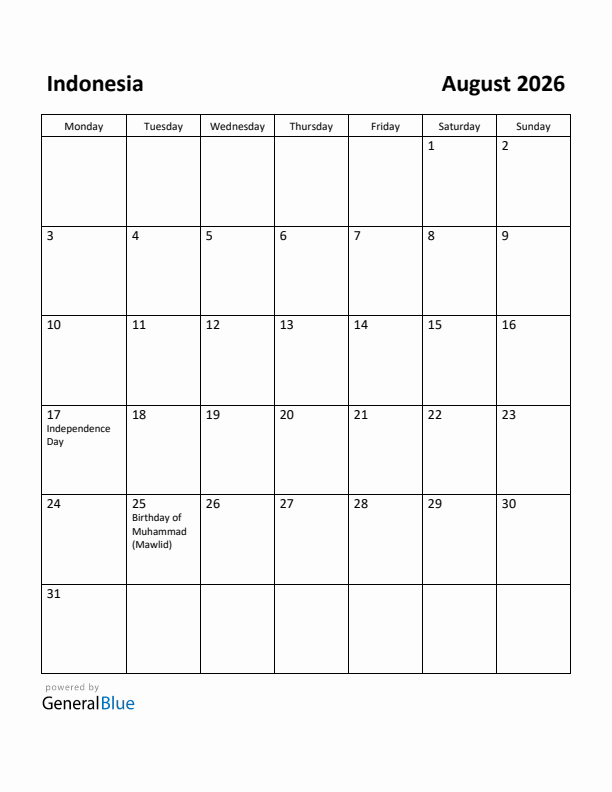 August 2026 Calendar with Indonesia Holidays