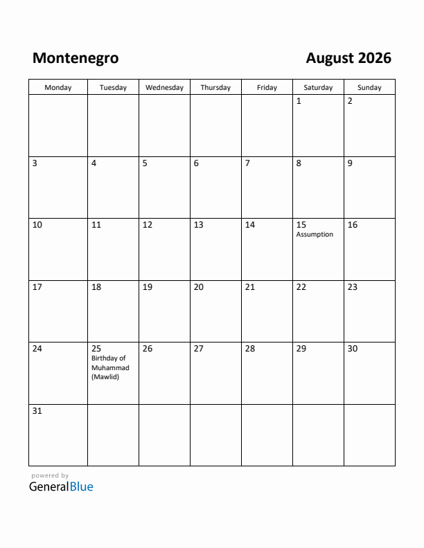 August 2026 Calendar with Montenegro Holidays