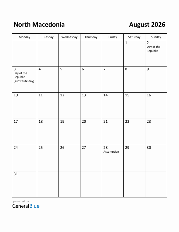 August 2026 Calendar with North Macedonia Holidays
