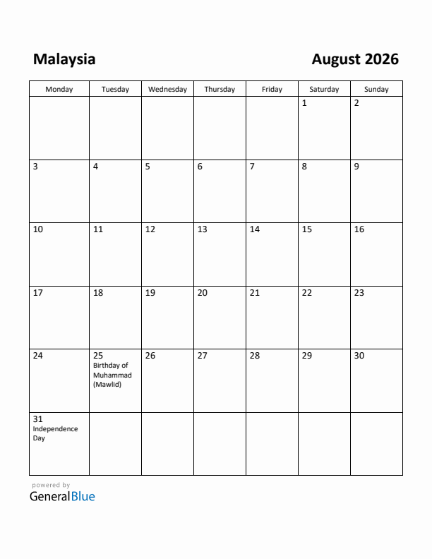 August 2026 Calendar with Malaysia Holidays