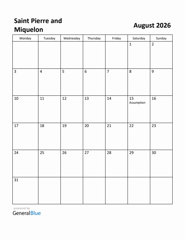 August 2026 Calendar with Saint Pierre and Miquelon Holidays