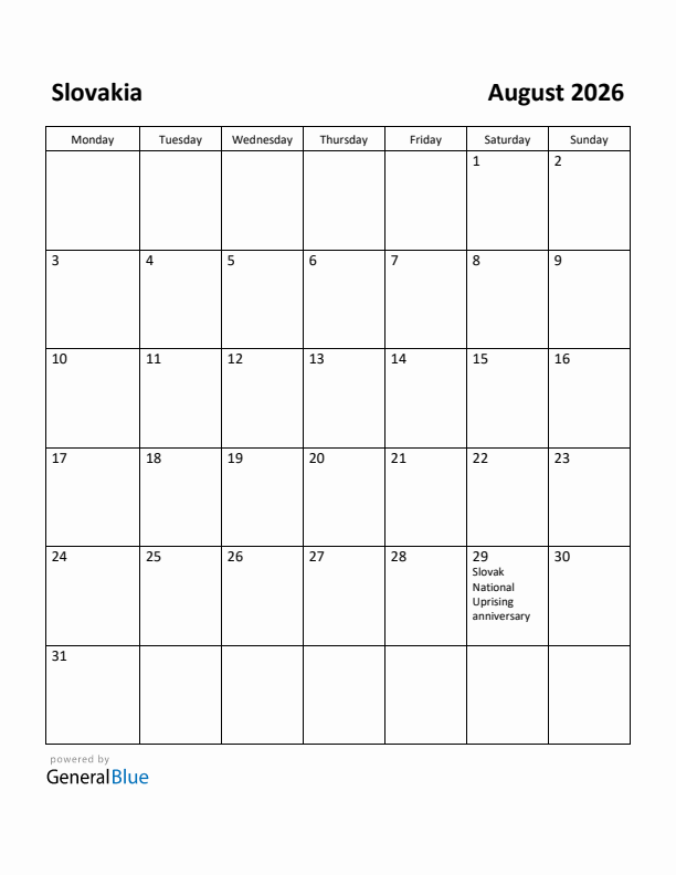 August 2026 Calendar with Slovakia Holidays
