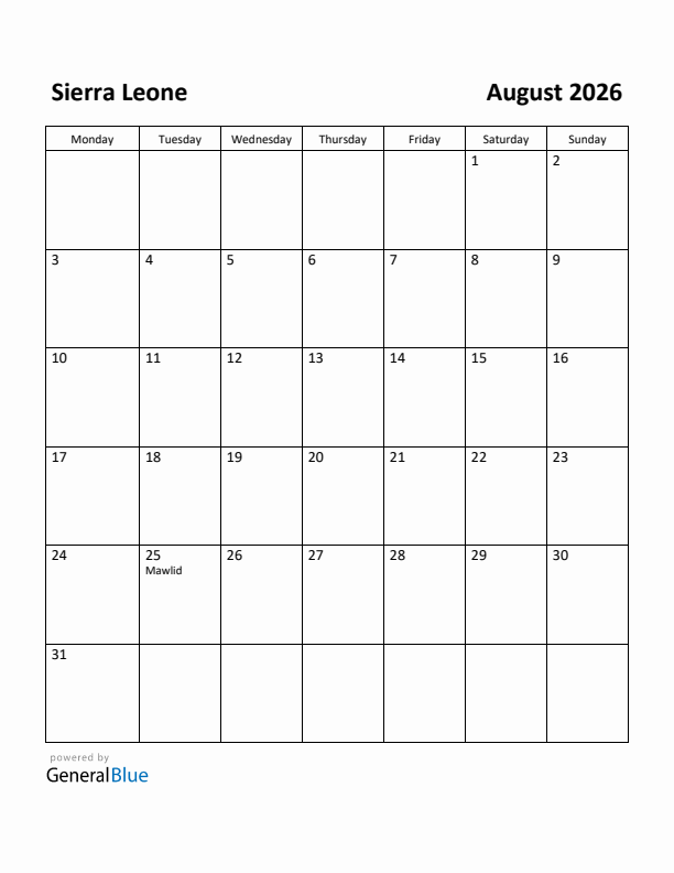 August 2026 Calendar with Sierra Leone Holidays