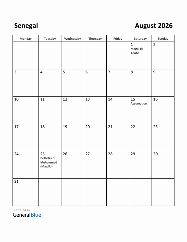 August 2026 Calendar with Senegal Holidays