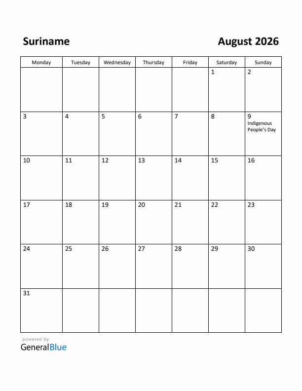 August 2026 Calendar with Suriname Holidays
