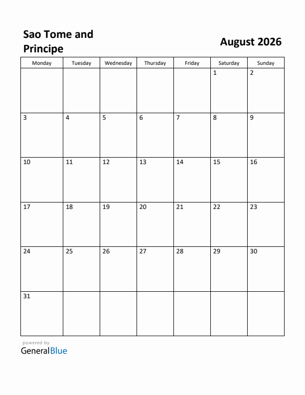 August 2026 Calendar with Sao Tome and Principe Holidays