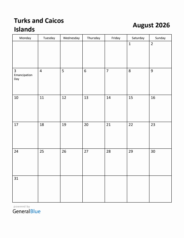 August 2026 Calendar with Turks and Caicos Islands Holidays