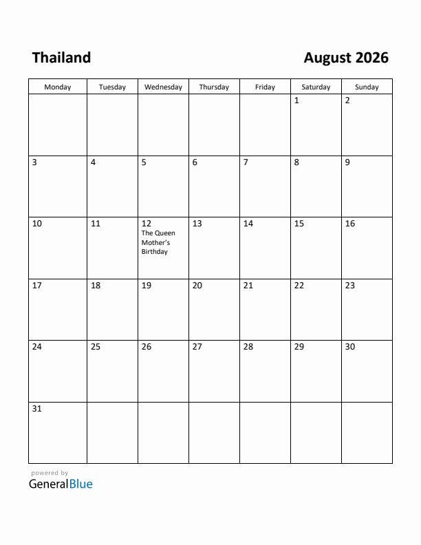 August 2026 Calendar with Thailand Holidays
