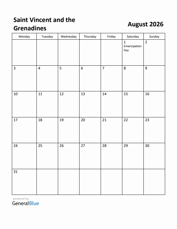 August 2026 Calendar with Saint Vincent and the Grenadines Holidays