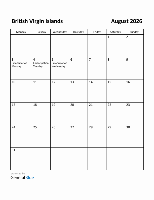August 2026 Calendar with British Virgin Islands Holidays
