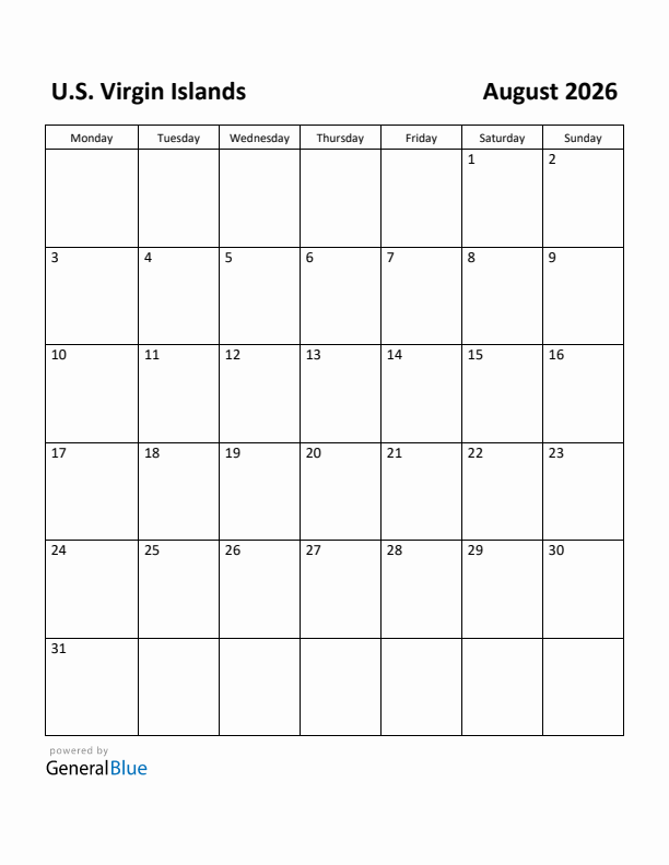 August 2026 Calendar with U.S. Virgin Islands Holidays