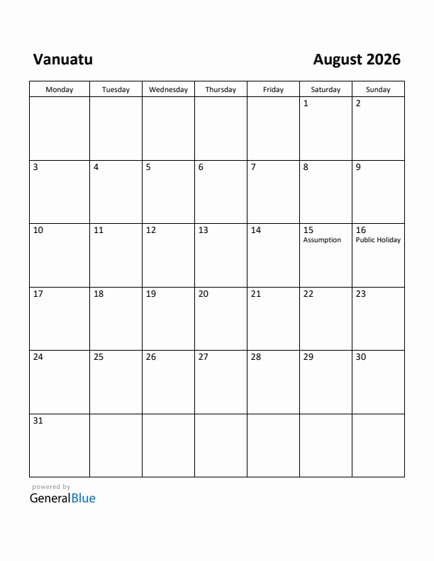 August 2026 Calendar with Vanuatu Holidays