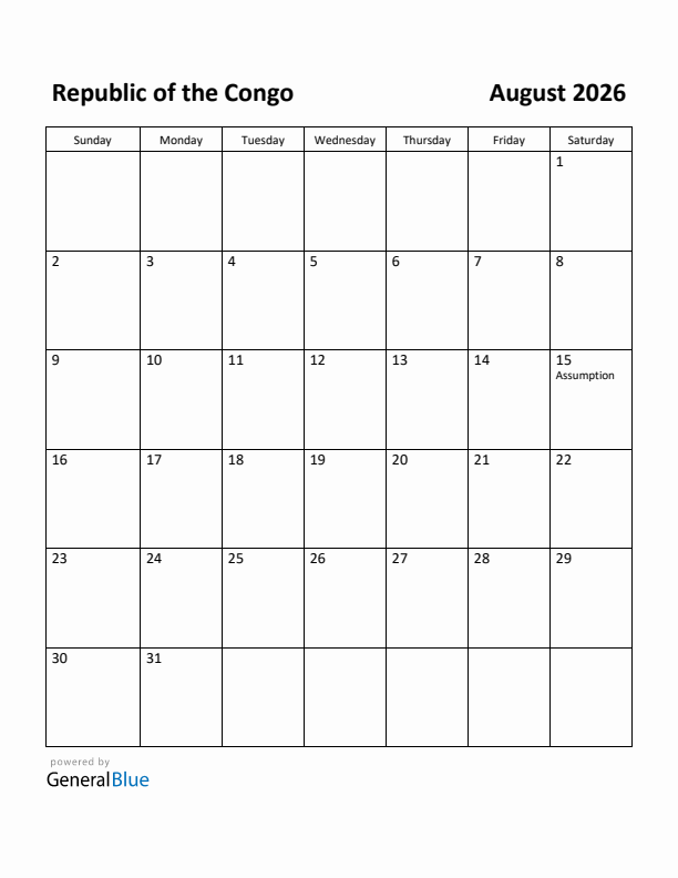 August 2026 Calendar with Republic of the Congo Holidays