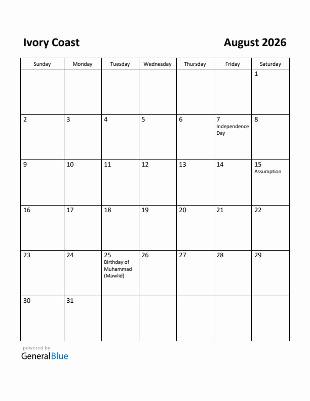 August 2026 Calendar with Ivory Coast Holidays