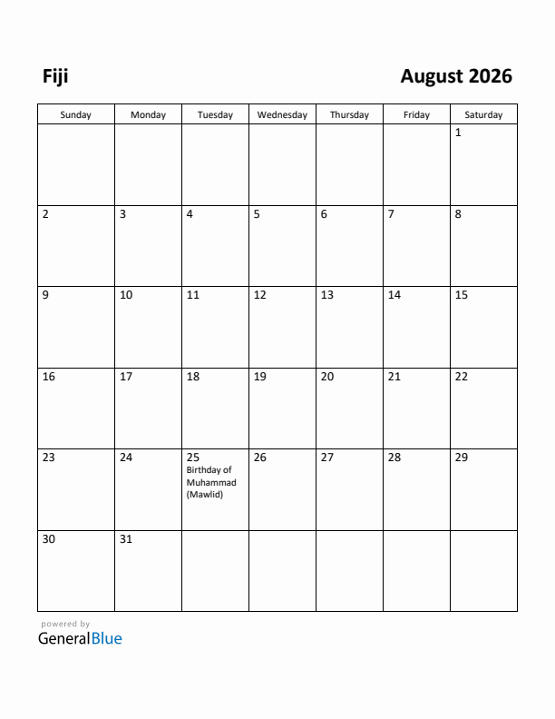 August 2026 Calendar with Fiji Holidays