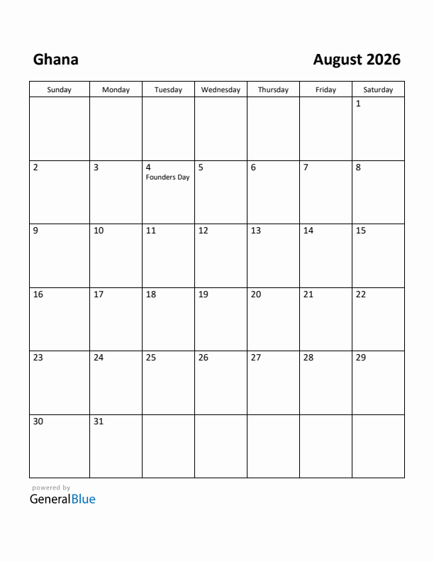 August 2026 Calendar with Ghana Holidays