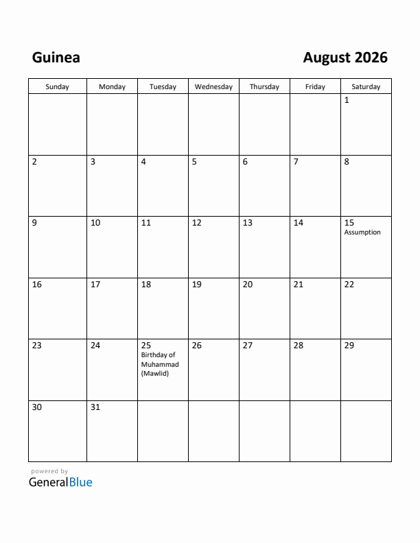 August 2026 Calendar with Guinea Holidays
