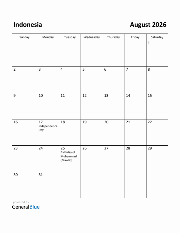 August 2026 Calendar with Indonesia Holidays