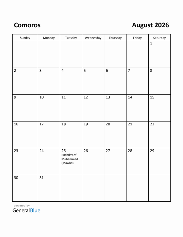 August 2026 Calendar with Comoros Holidays