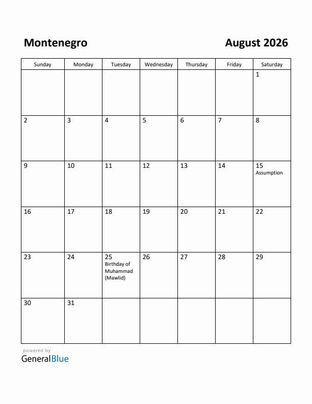 August 2026 Calendar with Montenegro Holidays